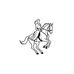 Black and white line art of a beautiful woman with perfect body riding horse elegant minimalist illustration