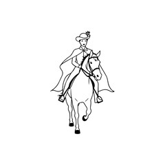 Black and white line art of a beautiful woman with perfect body riding horse elegant minimalist illustration