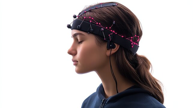 a person wearing headband with sensor nodes clipart, brain signal monitoring concept, photorealistic device and face, isolated on white background