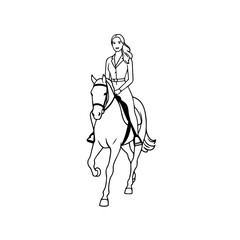 Black and white line art of a beautiful woman with perfect body riding horse elegant minimalist illustration