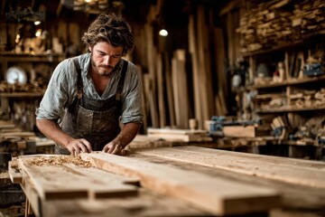 A craftsman works carefully shaping wood in his wood shop, surrounded by lumber. Use for DIY projects, woodworking, and small business concepts.