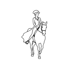 Black and white line art of a beautiful woman with perfect body riding horse elegant minimalist illustration