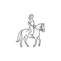 Black and white line art of a beautiful woman with perfect body riding horse elegant minimalist illustration