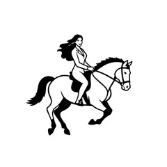 Black and white line art of a beautiful woman with perfect body riding horse elegant minimalist illustration