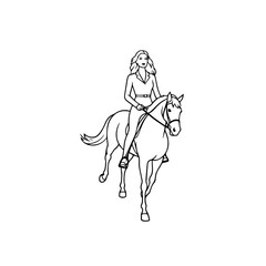 Black and white line art of a beautiful woman with perfect body riding horse elegant minimalist illustration