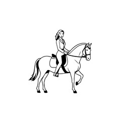 Black and white line art of a beautiful woman with perfect body riding horse elegant minimalist illustration