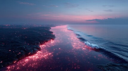 Aerial View of Erupting Lava Flowing into Sea at Sunset with Red Hot Magma and Blue Ocean