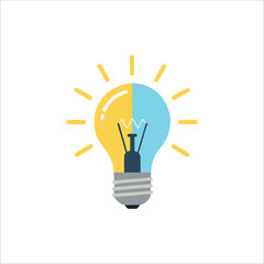 A flat illustration of a light bulb symbolizing creativity, innovation, and brilliant ideas. The bulb is half yellow and half blue with light shining around it.
