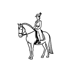 Black and white line art of a beautiful woman with perfect body riding horse elegant minimalist illustration