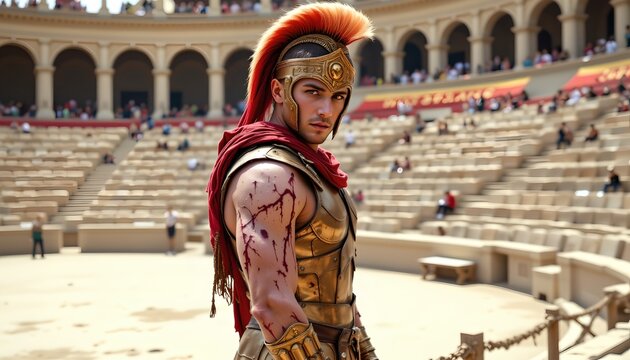 A man dressed as Spartacus standing in an amphitheater. He is muscular with short hair and is adorned with a red cloak, gold laurels, and a gladiator's costume