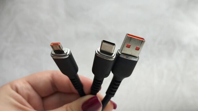 A black USB charging cable in the hand. The cable has a standard USB connector , micro and type-c