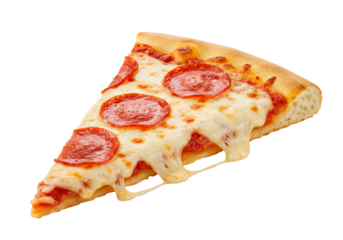 Delicious slice of pepperoni pizza with melted cheese on a white background