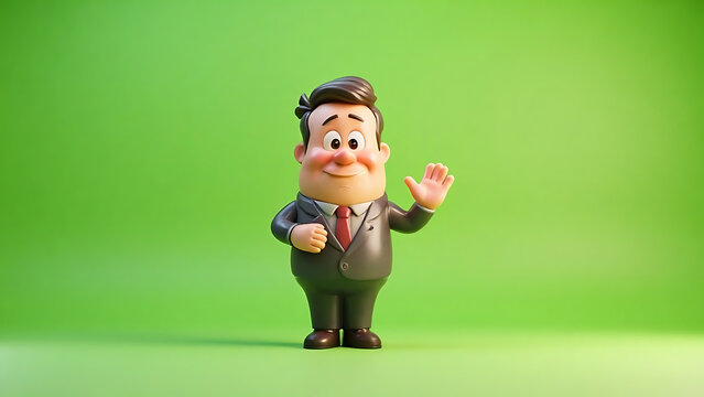 Friendly 3D cartoon businessman in suit waving, welcoming gesture on vibrant green background - Powered by Adobe