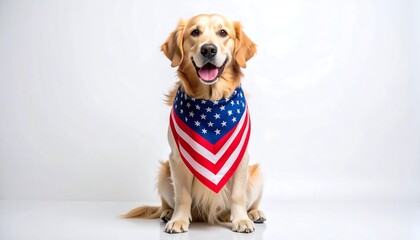 Happy Golden Retriever Dog Wearing Patriotic Bandana.