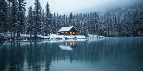 Obraz premium Winter Wonderland: House in Muted Neutral Landscape with Forest and beautiful snowy lake