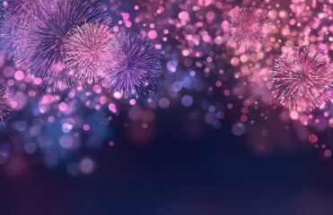 Bright fireworks exploding over bokeh particle background