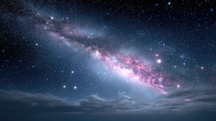 Fototapeta premium Dark Starry Night Sky with Glowing Distant Nebula and Wispy Clouds Landscape