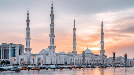 Fototapeta premium Mosque Architecture at Sunset: Minarets, Dome, and Cityscape