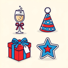 Festive Celebration Icons: Gift, Champagne, Party Hat, Star