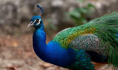 Fototapeta premium A close-up of a beautiful peacock, showing all it's beautiful colors in vibrant dynamic colors and lighting
