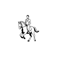 Black and white line art of a beautiful woman with perfect body riding horse elegant minimalist illustration