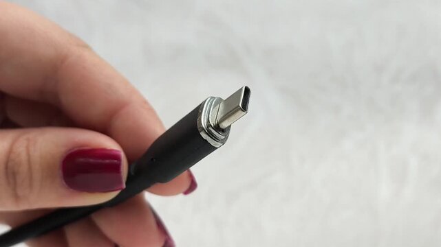 A black USB charging cable in the hand. The cable has a standard type-c