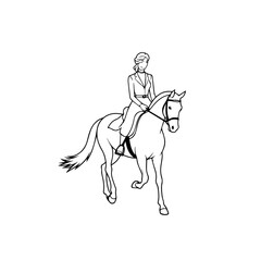 Black and white line art of a beautiful woman with perfect body riding horse elegant minimalist illustration