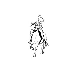 Black and white line art of a beautiful woman with perfect body riding horse elegant minimalist illustration