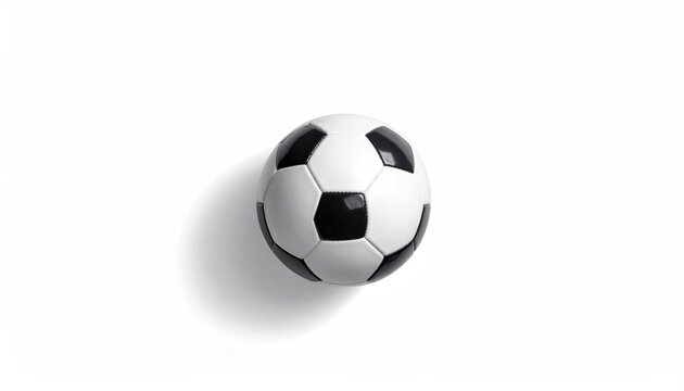 A soccer ball, mostly white with black pentagons, rests on a clean white background, casting a soft shadow. Minimalist and simple aesthetic