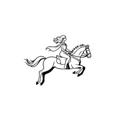 Black and white line art of a beautiful woman with perfect body riding horse elegant minimalist illustration