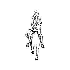 Black and white line art of a beautiful woman with perfect body riding horse elegant minimalist illustration