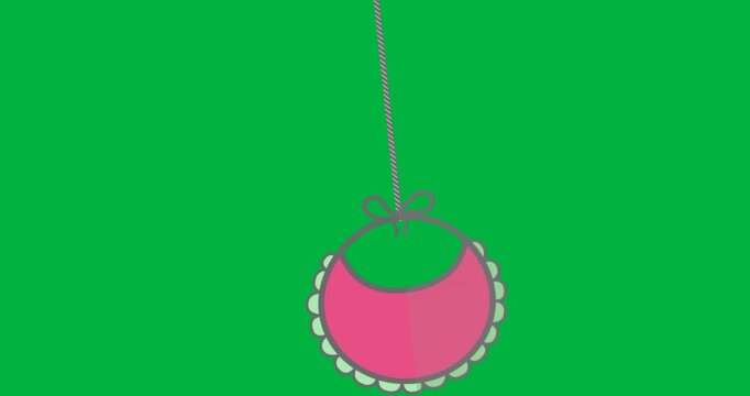 Baby bib hanging by strap tied in bow, showing animated scalloped edge on clear background design