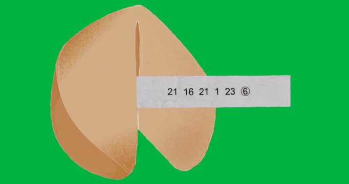 Stylized fortune cookie floating on transparent background, showing numeric code slip for business