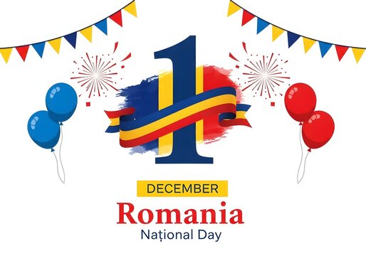 Romania National Day Celebration 1 December with Flag Colors Balloons and Fireworks Illustration - Powered by Adobe