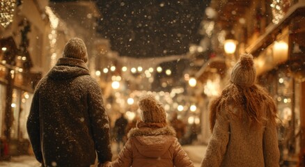 Family walking hand in hand on snowy street during Christmas evening  