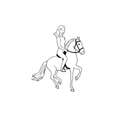 Black and white line art of a beautiful woman with perfect body riding horse elegant minimalist illustration