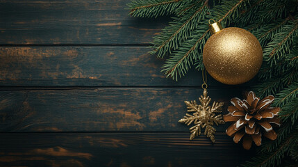 Christmas decoration on wooden green background with blank space