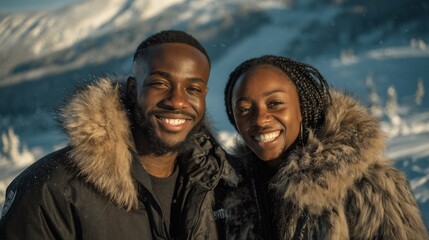 Happy black couple smiling together in snowy mountain landscape during winter vacation