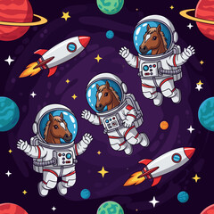 Cartoon horses in astronaut suits exploring colorful outer space with planets and rockets