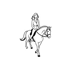 Black and white line art of a beautiful woman with perfect body riding horse elegant minimalist illustration