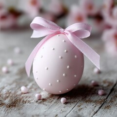 Obraz premium Delicate Pink Easter Egg Adorned with Ribbon and White Dots on Weathered Wood Surface with Soft Floral Background