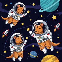 Cute cartoon kangaroos as astronauts floating happily in space with planets and stars