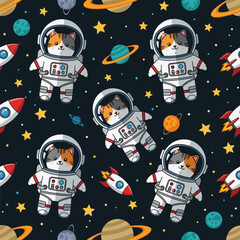 Cute astronaut cats rockets planets and stars in a fun space exploration pattern for kids