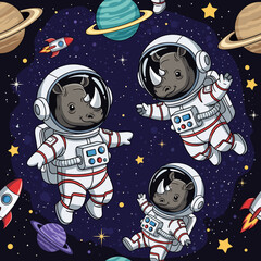 Cartoon rhino astronauts in outer space with planets and rockets Whimsical cosmic adventure