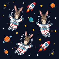 Whimsical cartoon astronaut donkeys float in space with rockets and planets Great for kids designs
