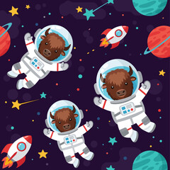 Cute cartoon bison astronauts exploring colorful space with planets and rockets