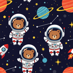 Adorable astronaut bears rockets and planets create a whimsical space pattern for childrens designs