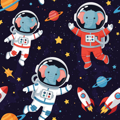 Adorable elephant astronauts explore outer space with planets and rockets Fun childrens illustration