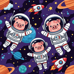 Three cute cartoon pigs in astronaut suits float in space among planets and stars ready for adventure