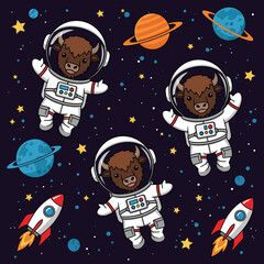 Cute cartoon bison astronauts float in starry outer space with planets and rockets Fun animal adventure